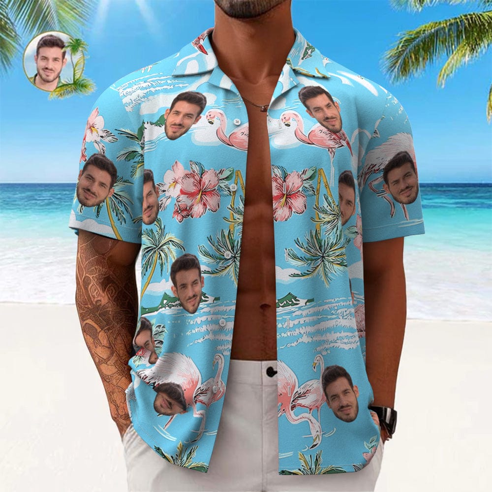 Custom Face Hawaiian Shirt Men's All Over Print Aloha Shirt Gift - Pink Flamingos and Flowers - Image 2