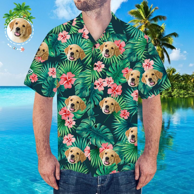 Custom Hawaiian Shirt with Dog Face Men’s Hawaiian Shirt Red Flowers Casual Shirt