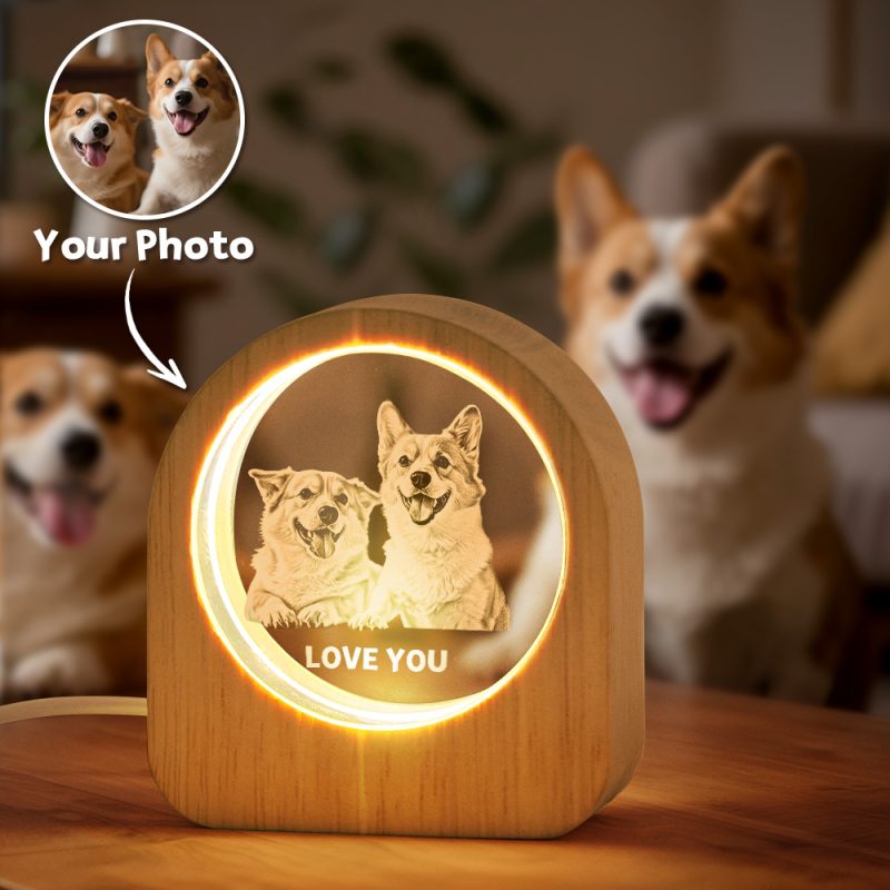 Custom Picture Photo Glass Night Light – LED Light Wooden Base, Unique Gift for Lover, Pets, Birthday