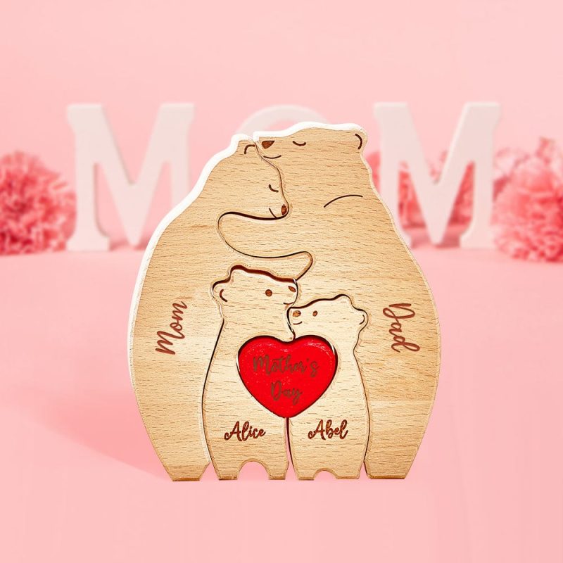 Mother’s Day Gifts Personalized Wooden Hug Bears Custom Family Member Names Puzzle Home Decor Gifts