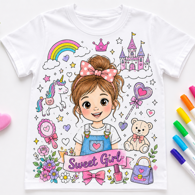 Customizable Kids Coloring T-Shirt, Personalized Photo & Text Creative DIY Art Tee for Girls