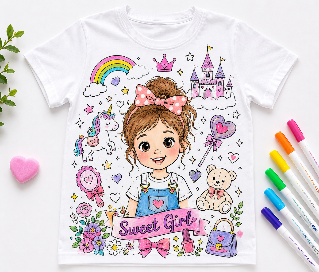 Customizable Kids Coloring T-Shirt, Personalized Photo & Text Creative DIY Art Tee for Girls