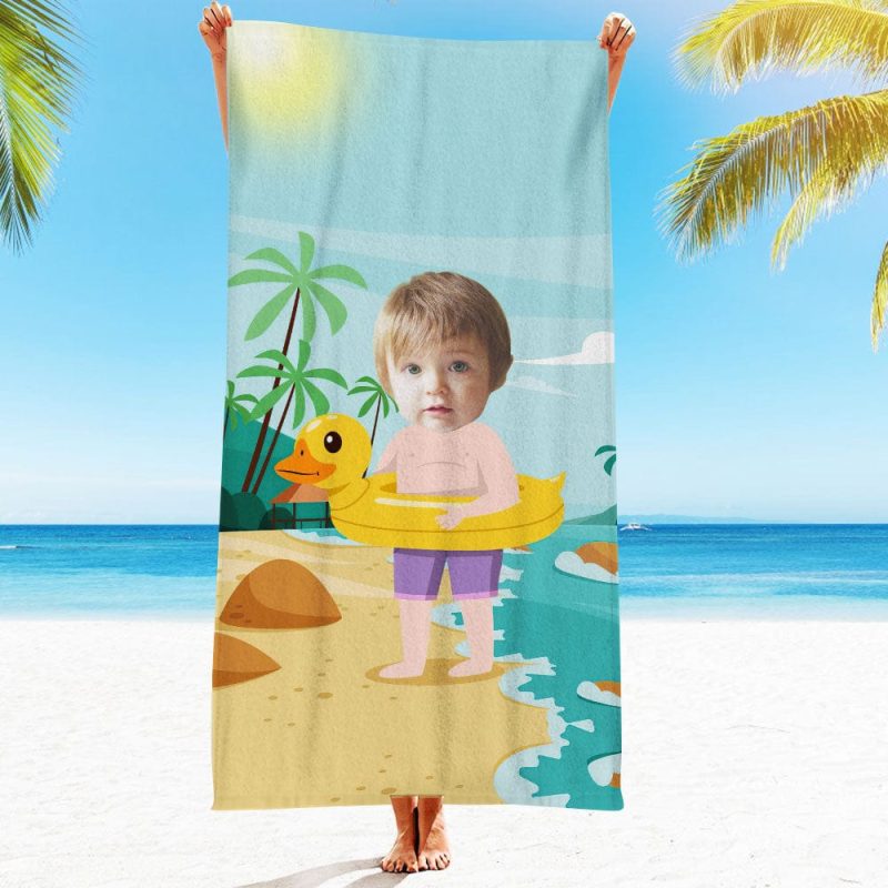Custom Face Beach Towel Personalized Duck Swim Ring Boy Beach Towel Funny Gift for Summer