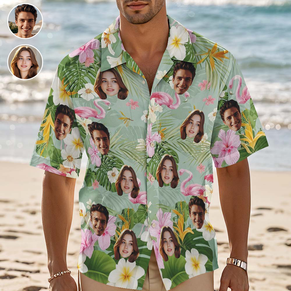 Custom Hawaiian Shirt Flamingo And Green Leaves Personalized Photo Hawaiian Shirt Funny Gift - Image 3