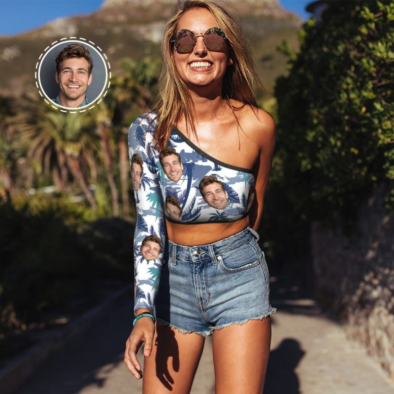 One Side Off Shoulder Top With Face Personalized Gifts for Women – Leaves
