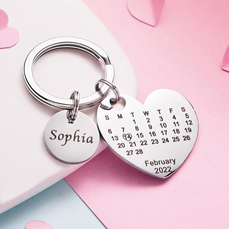 Custom Engraved Heart Calendar Keychain Save The Date Keychain Valentine’s Day Gift