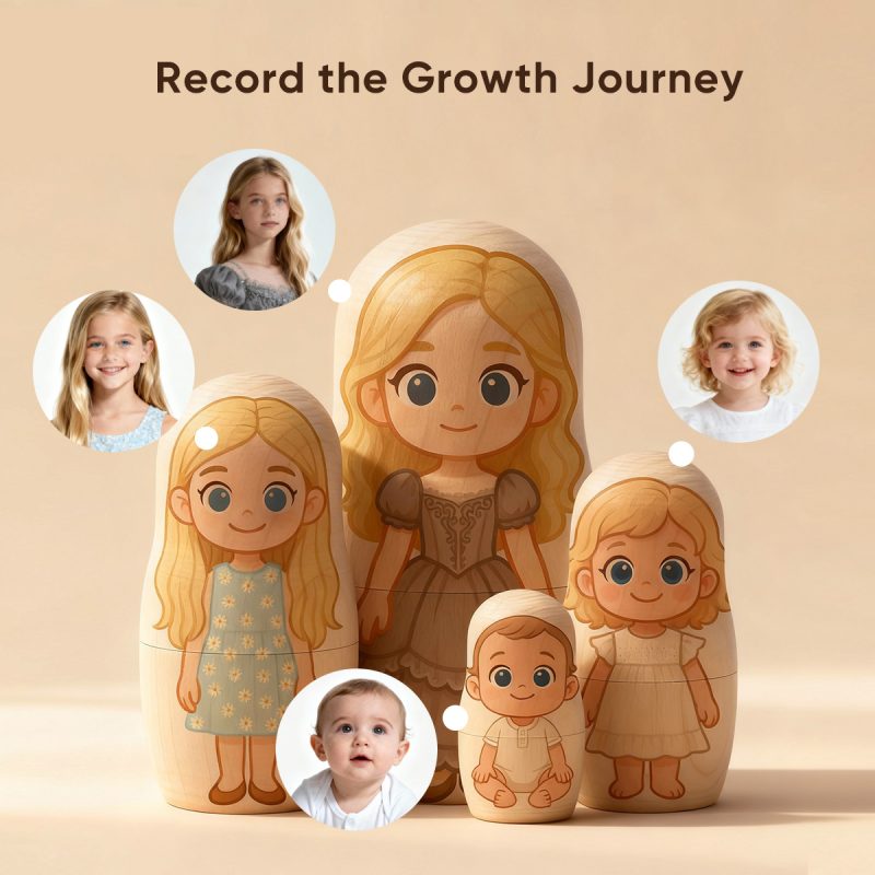 Custom Baby to Kid Growth Nesting Doll | Personalized Photo Dolls Show Your Child��s Journey from Infant to School Age | Unique Family Keepsake Gift