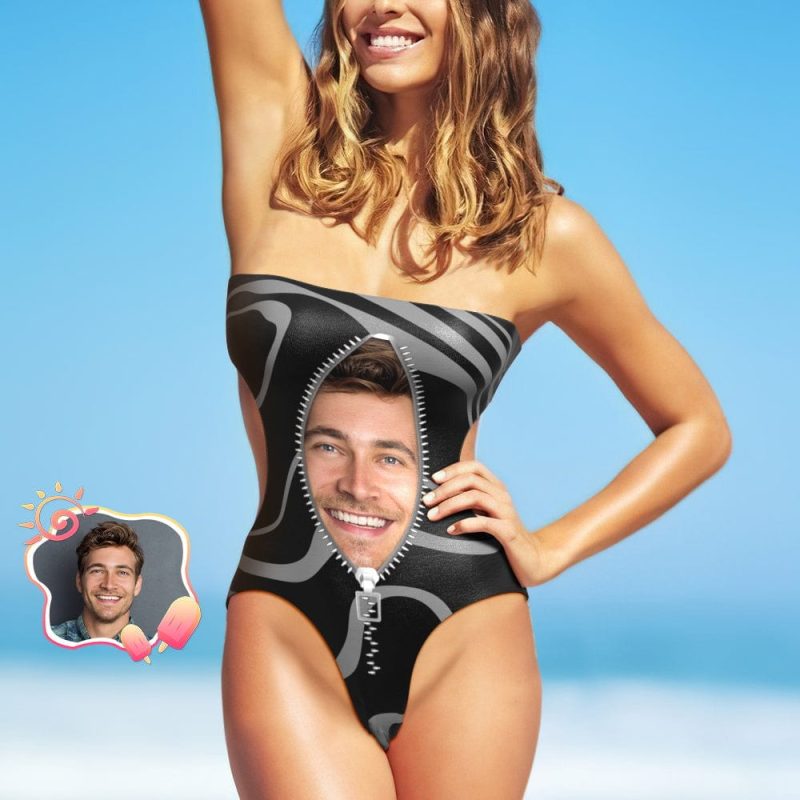 Custom Face Swimsuit Personalized Zipper Photo Side Cut Out Swimsuit Gift For Her