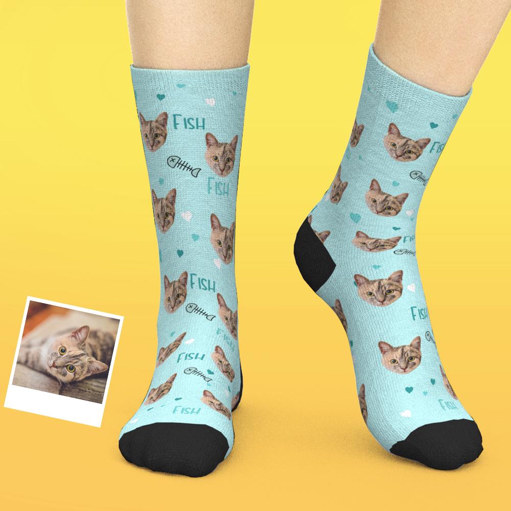 Custom Cat Socks Personalized Cat and Fish Socks Best Gift for Cat Lover