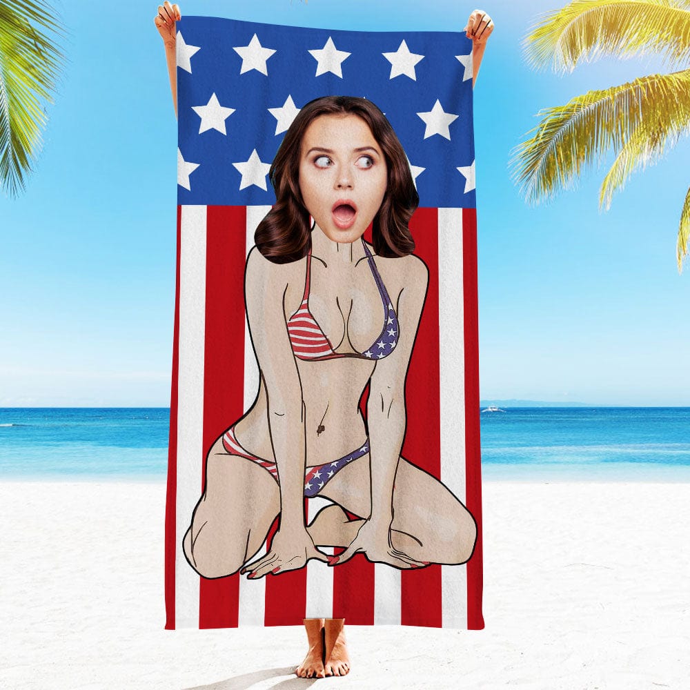 Custom Face Beach Towel Personalized Flag Swimsuit Lady Beach Towel Funny Gift for Summer