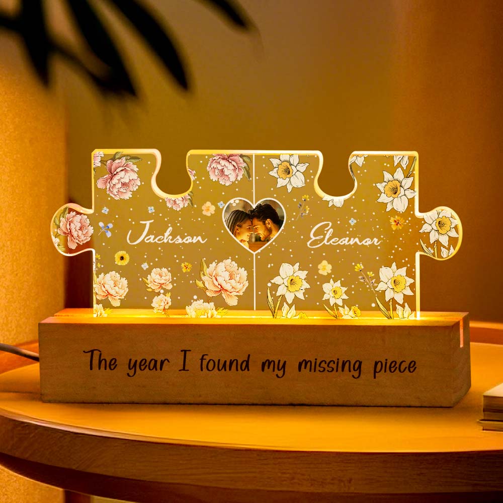 Personalized Couple Puzzle LED Night Light with Birth Flower Photo Night Light Gifts for Her - Image 3