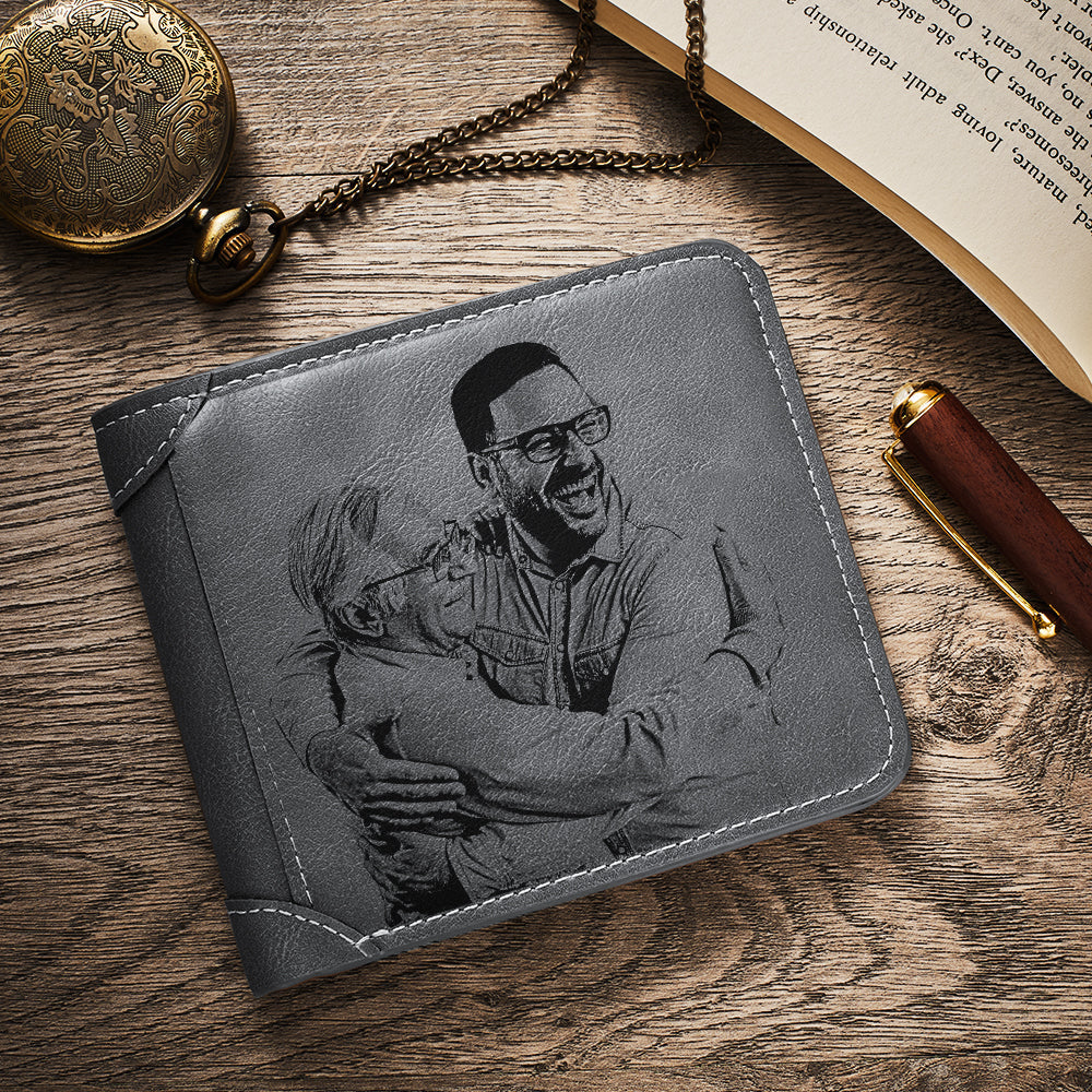 Custom Photo Engraved Wallet Photo Wallets For Dad Grey Leather - Image 2