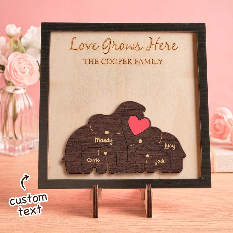 Custom Name Elephant Family Puzzle Wooden Frame Personalized Wooden Home Decorations Mother’s Day Gift