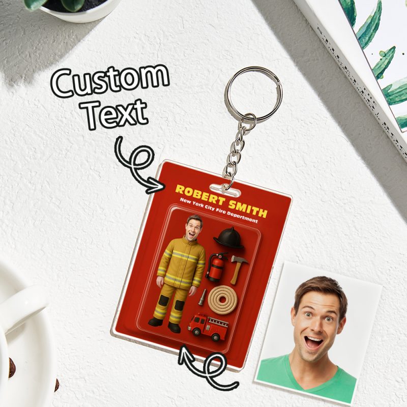 Custom 3D Effect Action Figure Customizable Head Packaging Toy Box Style Art Gift Personalized 2D Printing Acrylic Keychain Gift for Firefighter