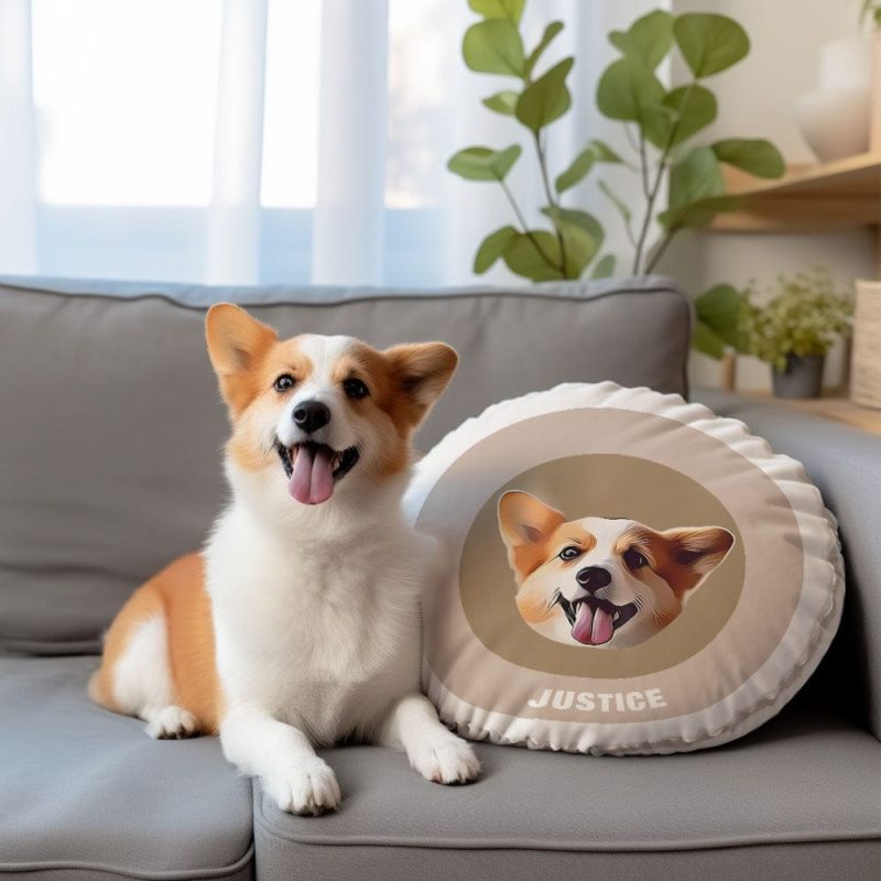 Custom Round Shape Pillow Personalized Pet Photo with Name Gift for Pet Lover – Khaki