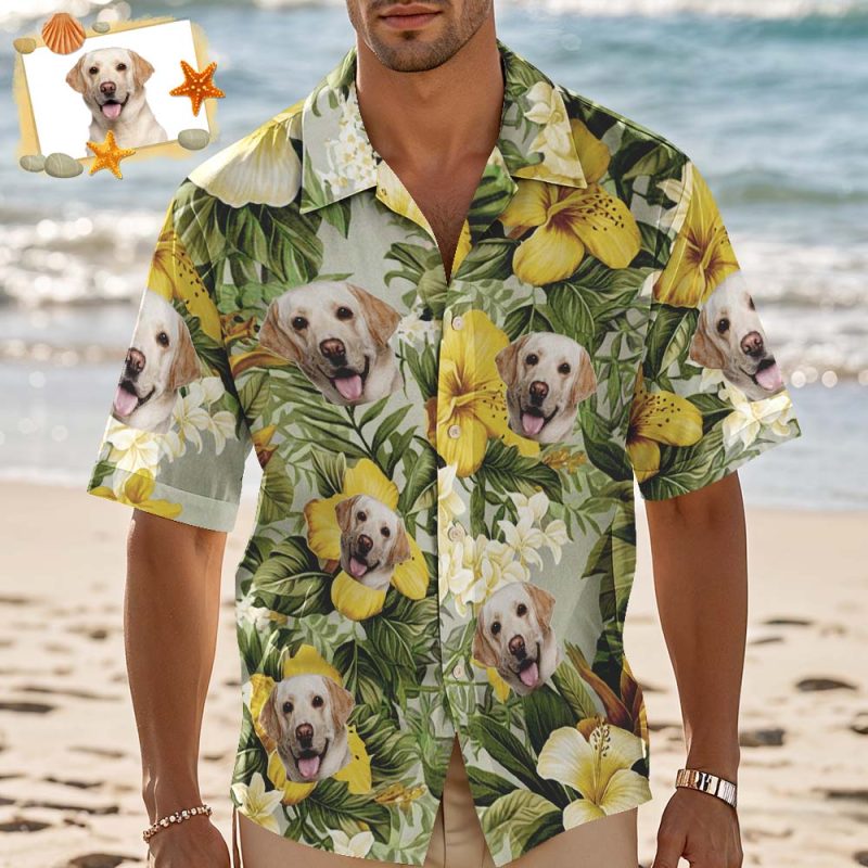 Custom Hawaiian Shirt Yellow Flowers Personalized Photo Hawaiian Shirt Funny Vacation Party Shirts For Pets LoversUS