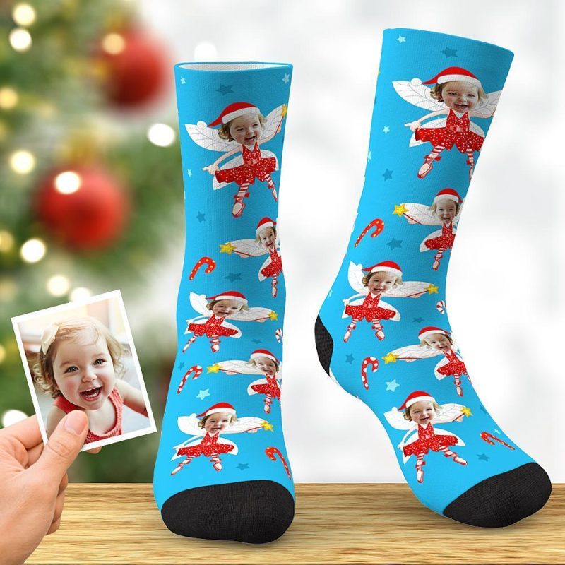 Custom Face Socks Christmas Elf Socks Christmas Gifts Blue