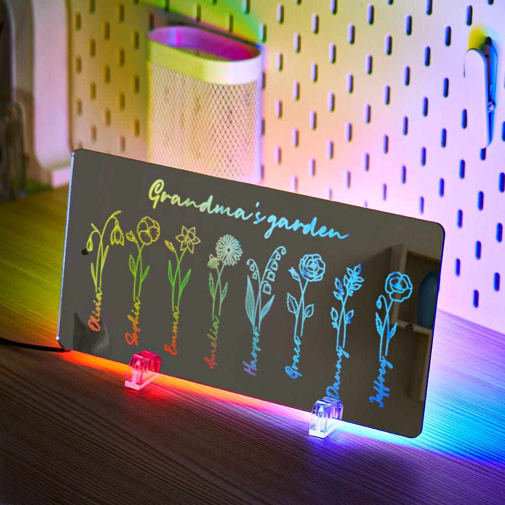 Personalized LED Name Mirror Light Grandma's Garden Sign with Birth Month Flower - Image 2