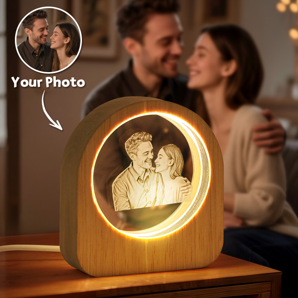 Custom Crystal Picture Photo Glass Night Light - LED Light Wooden Base, Unique Gift for Lover, Pets, Birthday - Image 2