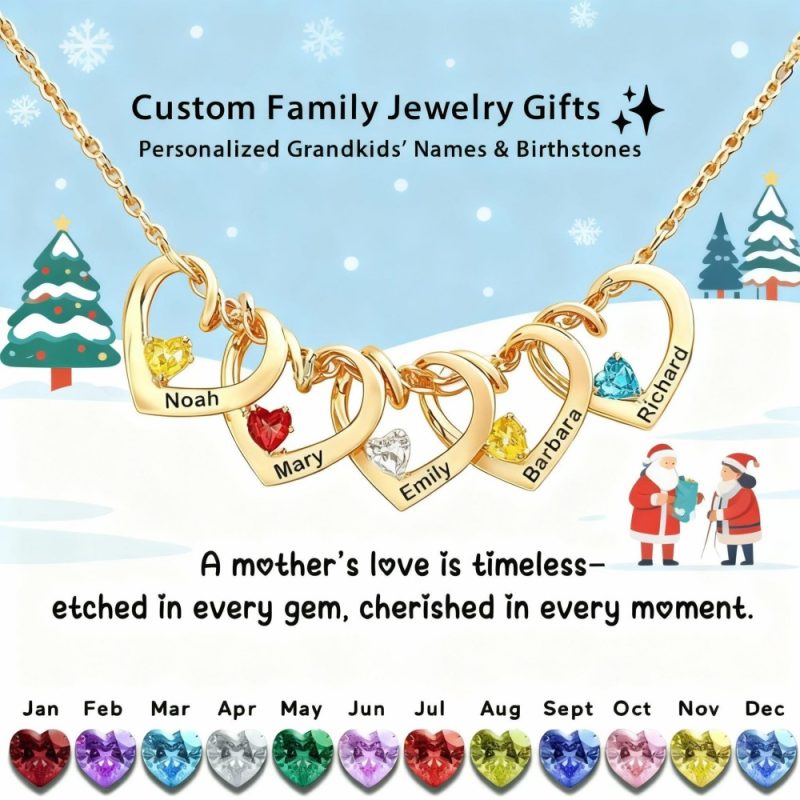 Personalized Heart Name Birthstone Necklace For Mom Grandma