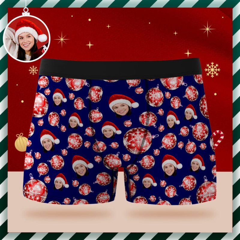 Custom Face Boxer Briefs Personalized Blue Underwear Christmas Balls Merry Christmas Gifts for Him