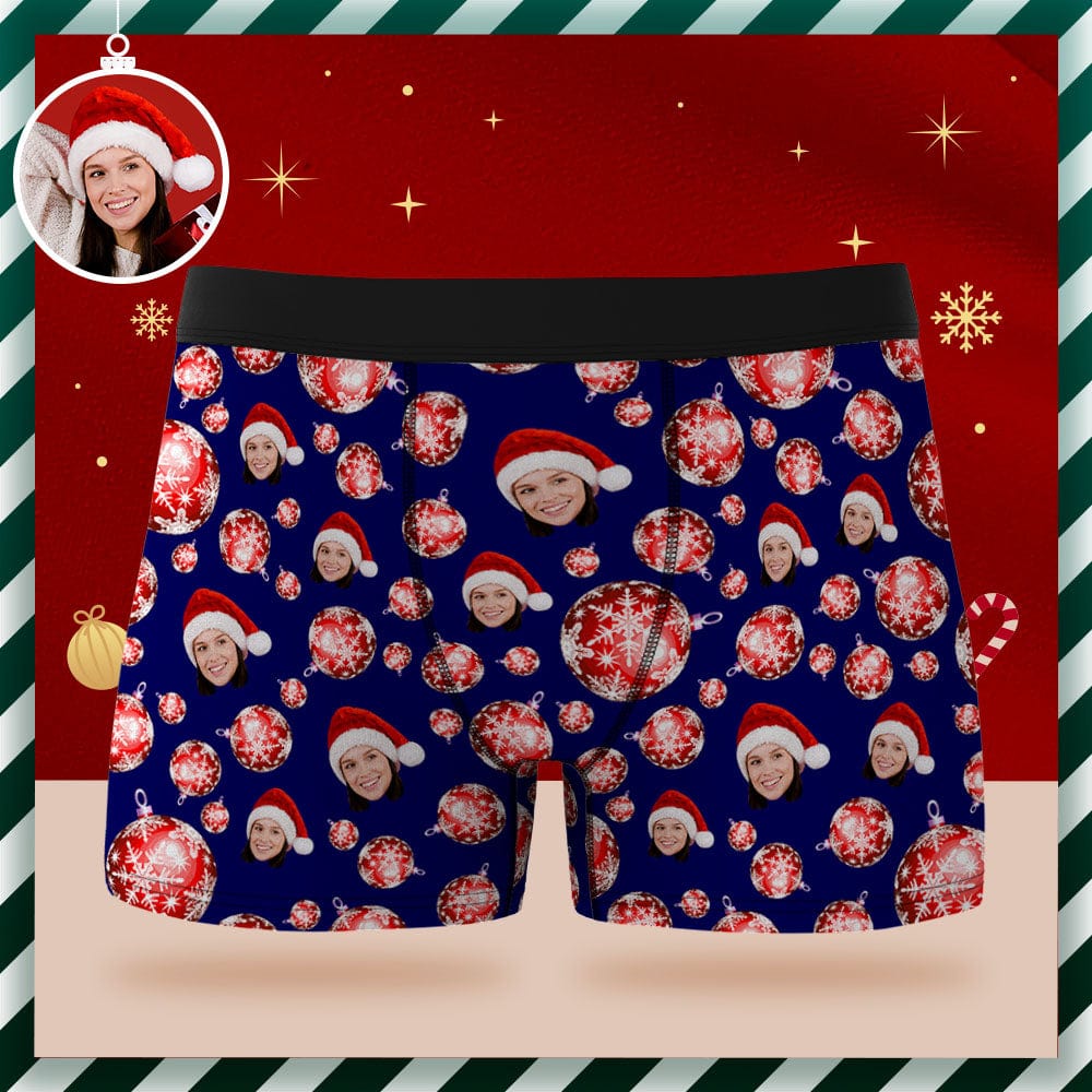 Custom Face Boxer Briefs Personalized Blue Underwear Christmas Balls Merry Christmas Gifts for Him