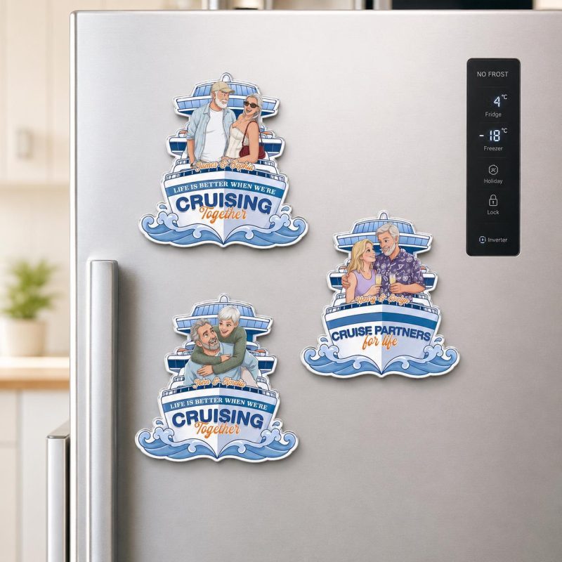 Personalized Cruise Partner Photo Magnet, Custom Magnetic Couple Cartoon Art Fridge Decor, Cruise Lover Door Magnet, Anniversary Keepsake