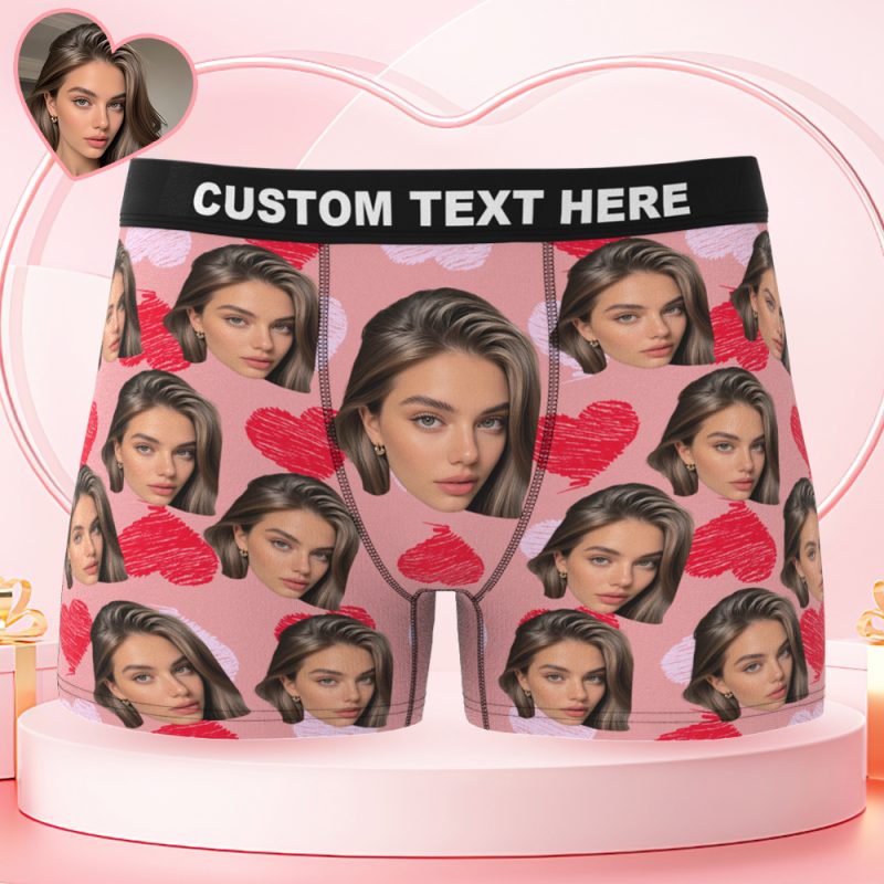 Valentine’s Day Gifts Custom Big Face Boxer Shorts Colorful Waistband Pink Boxer Briefs Red and Pink Hearts Gifts For HimUS