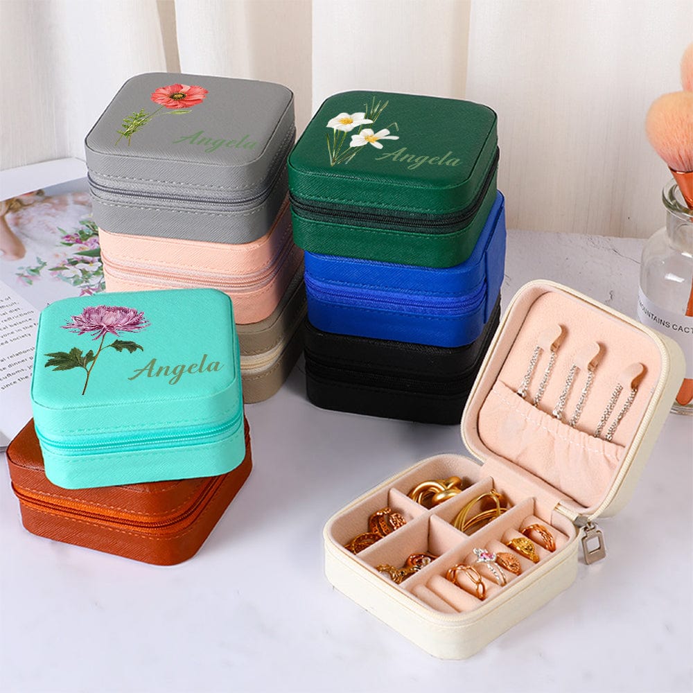 Personalized Name PU Leather Jewelry Box Birthflower Jewelry Organizer Gifts for Her - Image 2