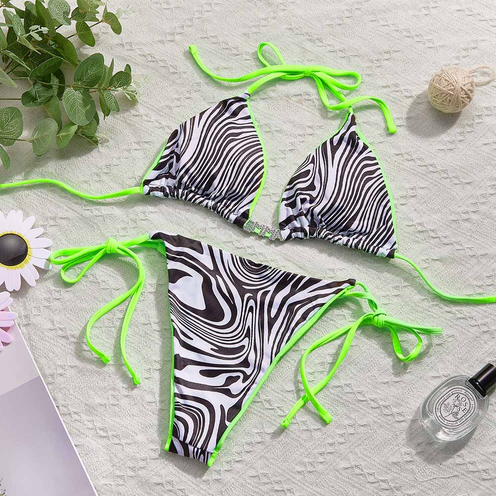 Custom Name Zebra Triangle Halter Bikini Sets Personalized Sexy DIY Crystal Letters Bikini - Image 2