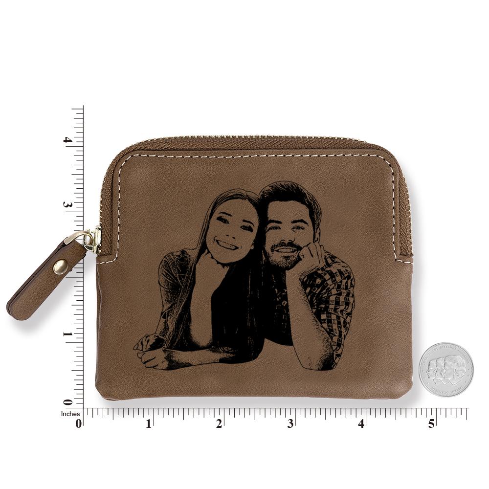 Custom Photo Engraved Zipper Wallet Coin Purse Card Case Brown Leather - Image 2