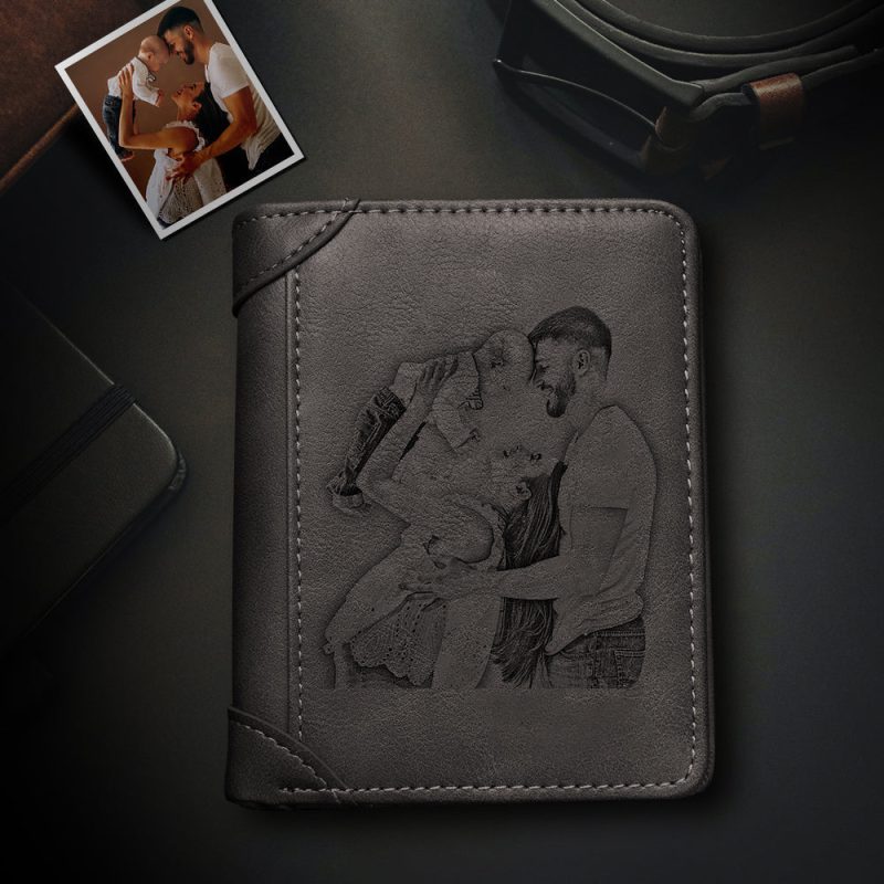 Personalized Photo Leather Bifold Wallets With A Coin Purse Id Window Pocket Mens Vertical Gray Wallet 1
