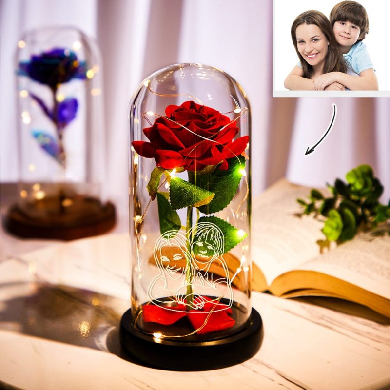 Custom Photo Line Drawing Eternal Rose Flower LED Night Light Romantic Simulation Eternal Rose Flower Glass Cover for Anniversary and Mother’s Day