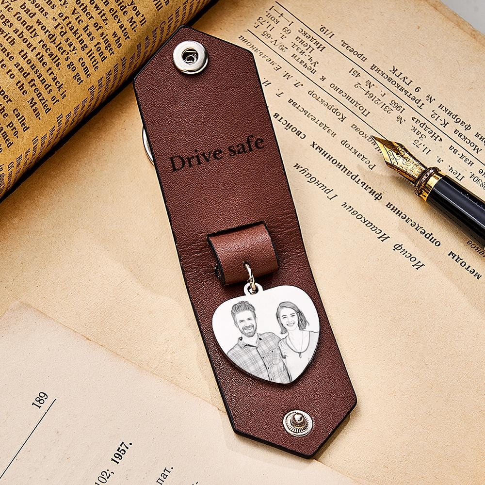 Custom Heart Shaped Photo Leather Keychain With Text Annivesary Gifts For Men - Image 2