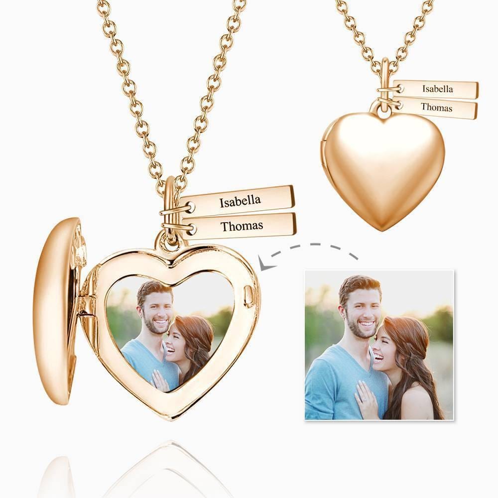 Heart Photo Locket Necklace With Engraving Name Gifts for Her Rose Gold Plated