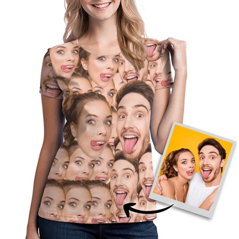 Csutom All Over Print Face T Shirt Women Photo Anniversary Gift Face T-shirt Funny Gift For Couple
