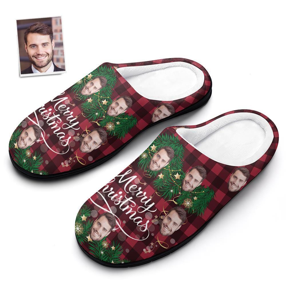 Custom Photo Christmas Cotton Slippers Plaid House Slippers Gifts for Mom