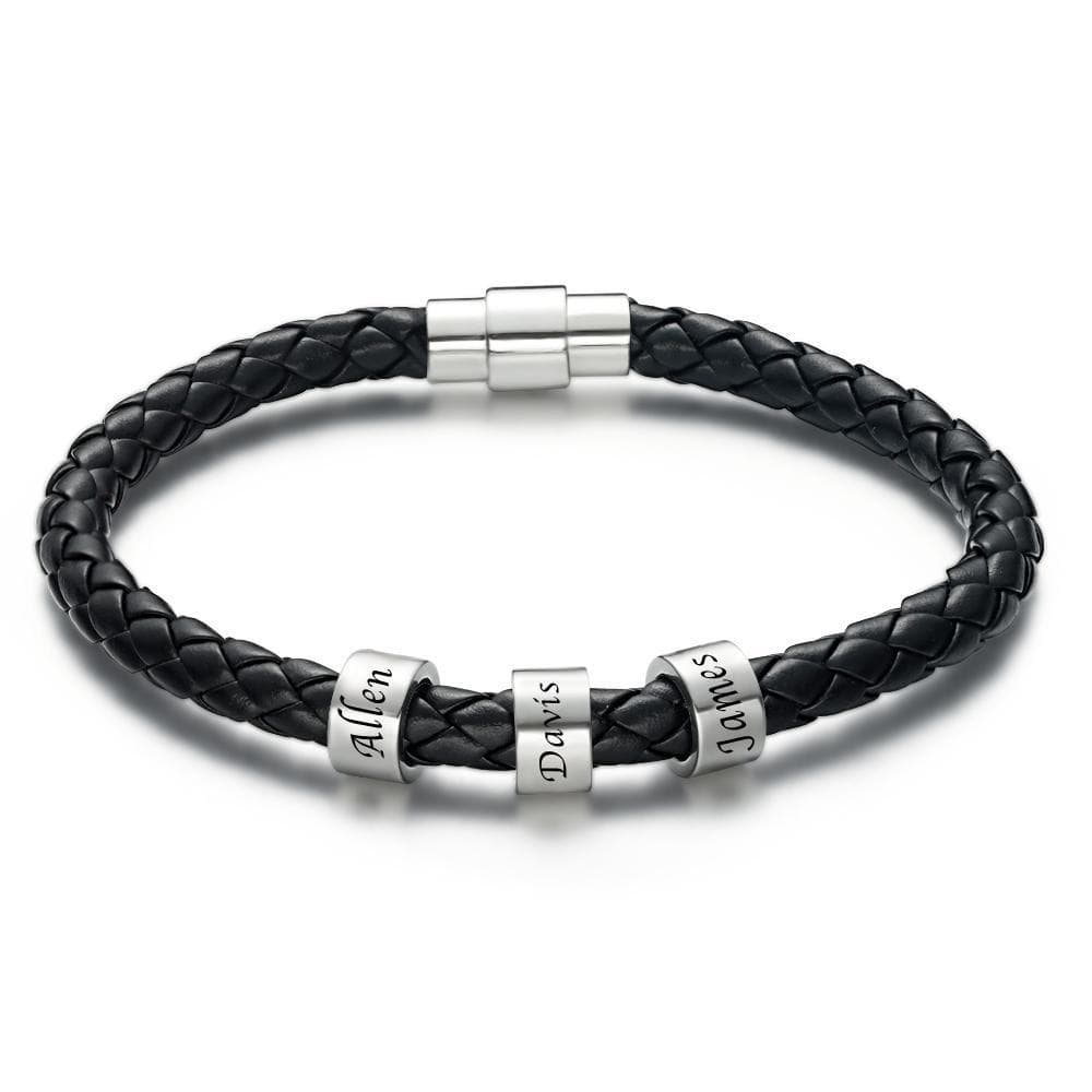 Men's Leather Bracelet Custom Engraved Bracelet Black Leather Beads Bracelet Small Custom Bead for Him 1-6 Charms - Image 3