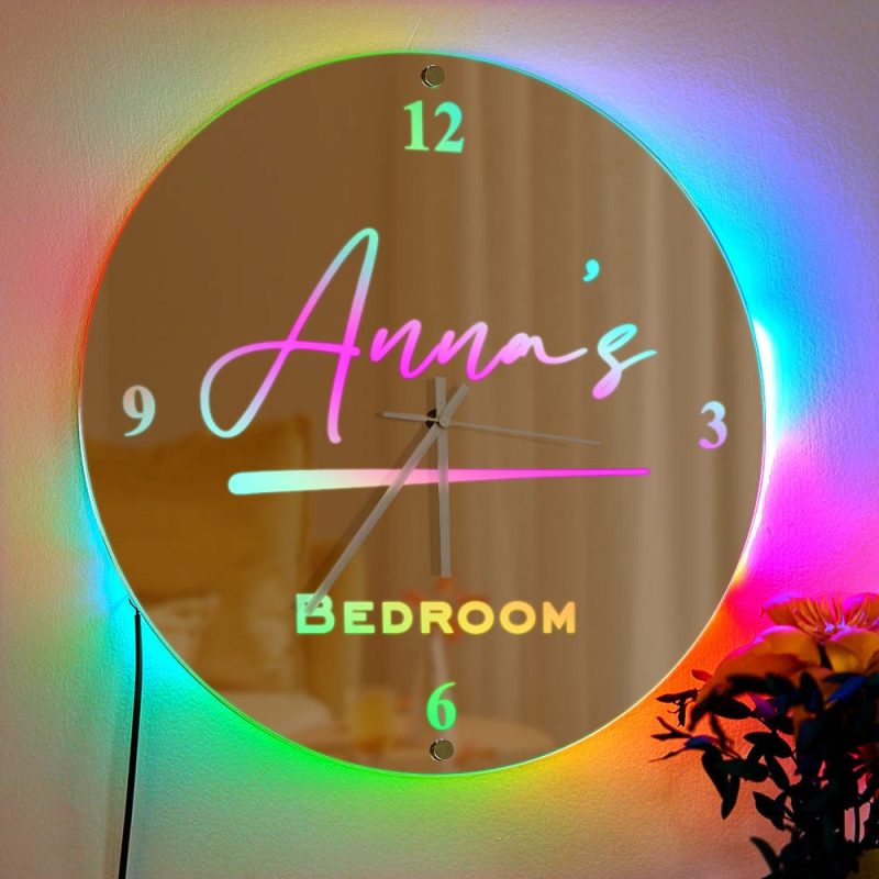 Custom Name Clock Mirror Light Wall Decor