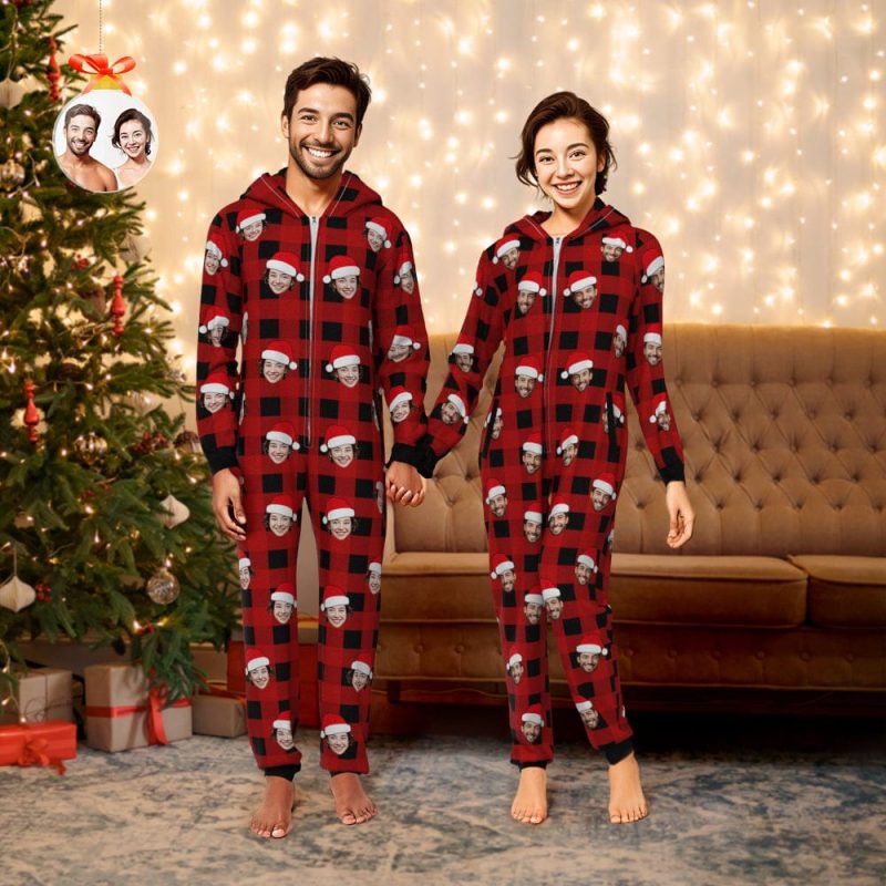 Custom Onesies Photo Pajamas One-Piece Sleepwear Red and Black Plaid Jumpsuit Homewear Christmas Gift
