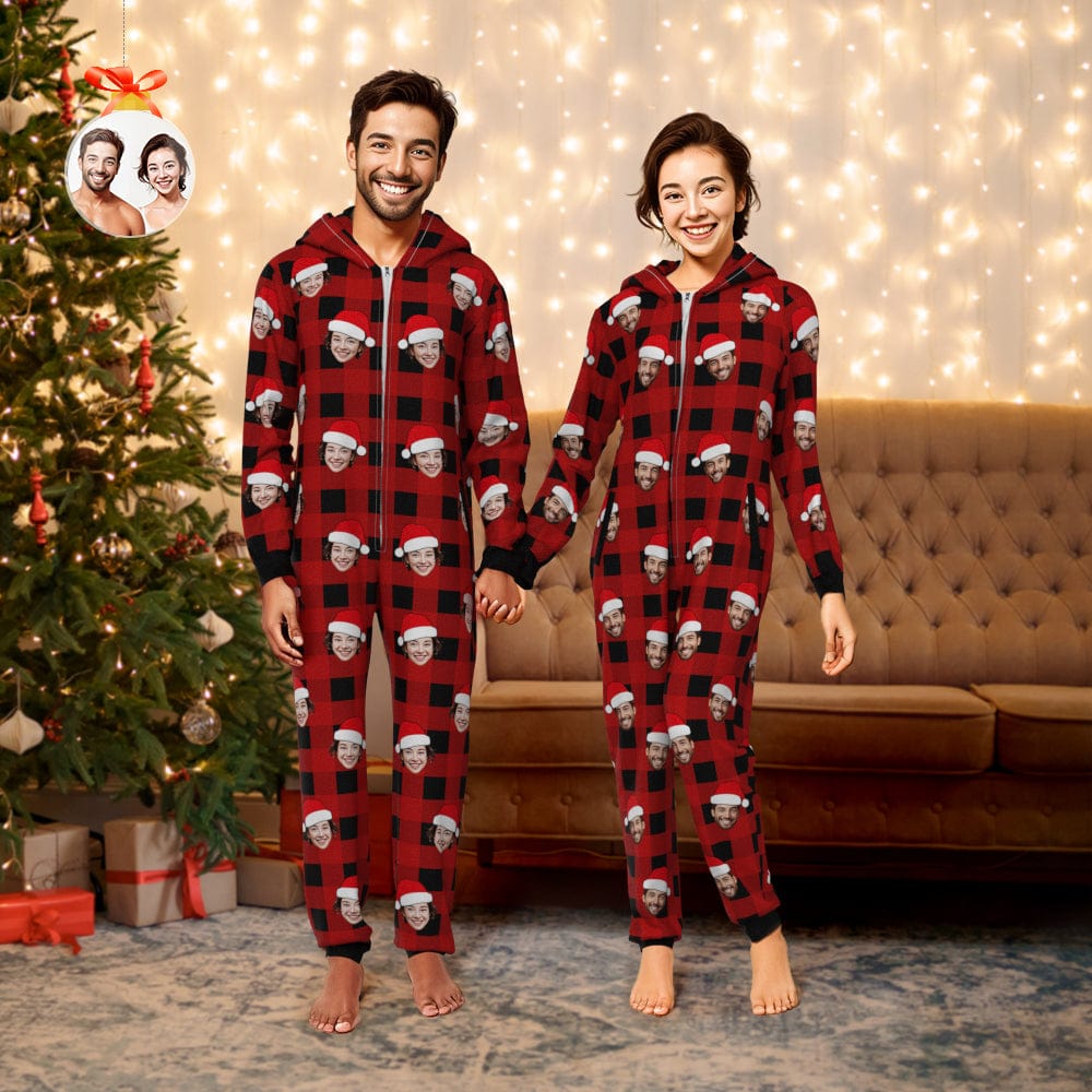 Custom Onesies Photo Pajamas One-Piece Sleepwear Red and Black Plaid Jumpsuit Homewear Christmas Gift