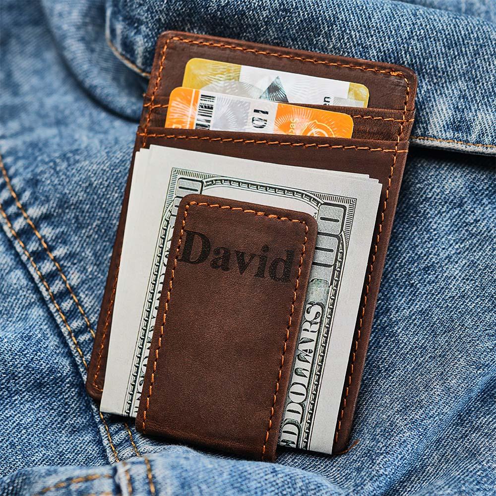 Personalized Name Leather Wallet Magnetic Money Clip for Him - Image 2