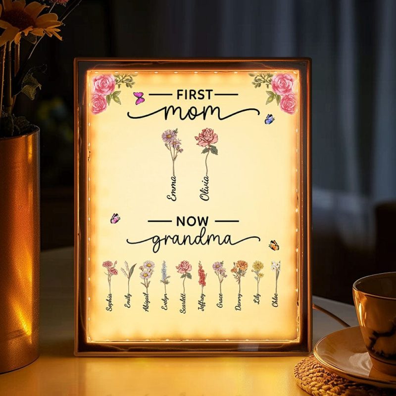 Personalized Birth Flower Lamp First Mom Now Grandma Night Light Mirror Mother’s Day Gifts