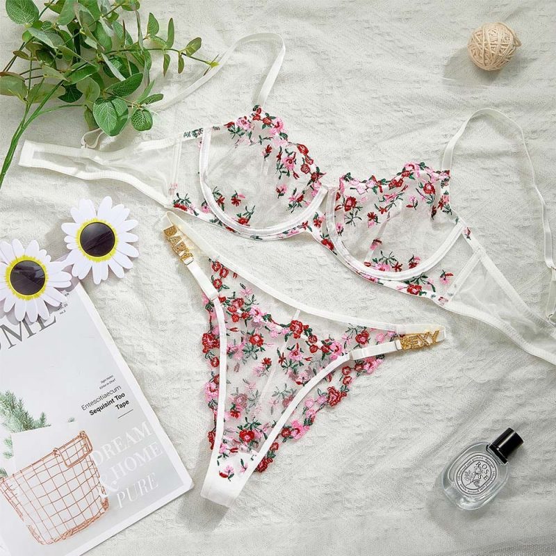 Custom Rhinestone Alphabet Sexy Embroidered Thong Bra Set