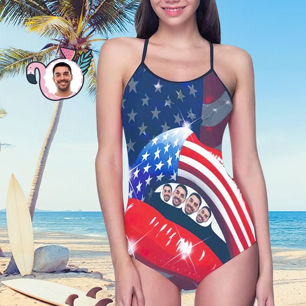 Custom Face Swimwear Women's Photo Slip One Piece Swimsuit- USA Flag With Lips