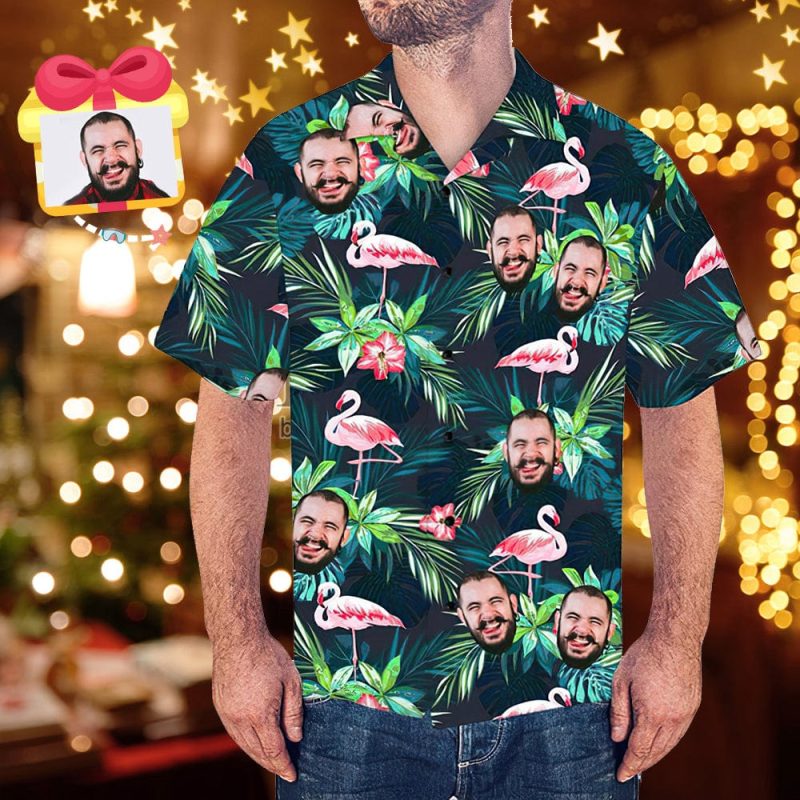 Face Hawaiian Shirt – Leaves & Flamingo Pattern