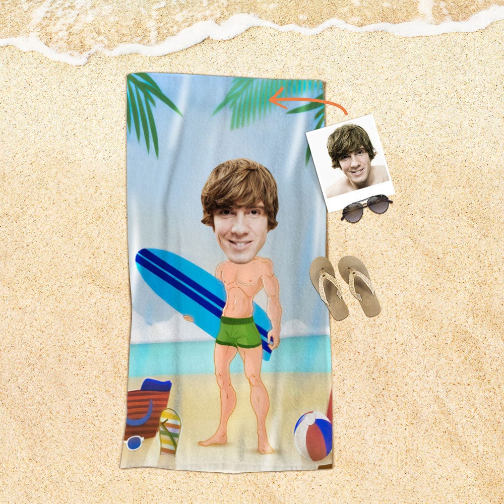 Custom Face Beach Towel Personalized Surfing Muscular Man Beach Towel Funny Gift for Summer - Image 2