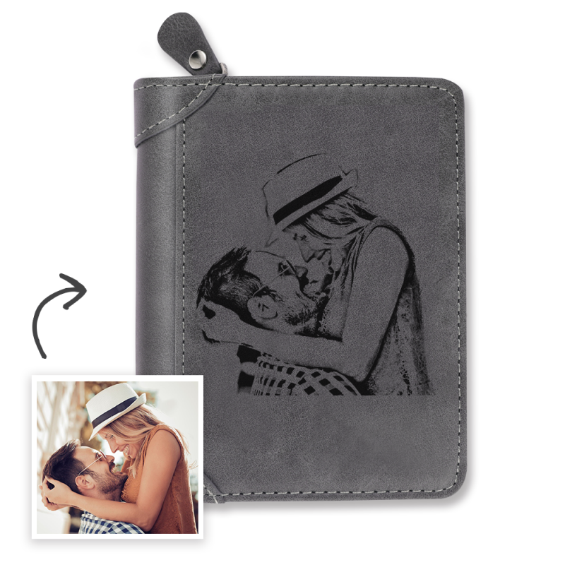 Men’s Custom Engraved Photo Wallet Grey Leather