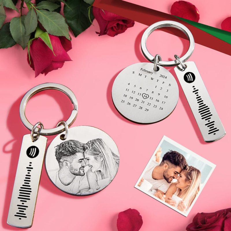 Custom Photo Calendar Spotify Keychain Personalized Stainless Steel Keychain Valentine’s Day Gift for Lover
