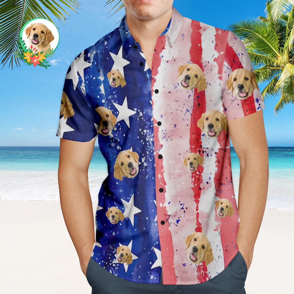 Custom Dog's Face Hawaiian Shirts Men's Patriotic Hawaiian Shirt USA Flag Gifts for Him
